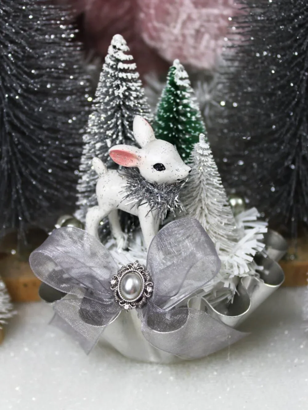 Silver Christmas Assemblage: Retro White Deer Bottle Brush Trees Vintage Tin